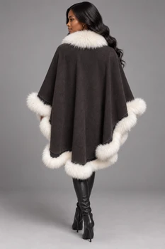 Brown Cape with White Fox Trim Cape Trimmed with Fox Cashmere / Wool Blend One Size Fits Most Fur Origin: Norway Manufactured: USA