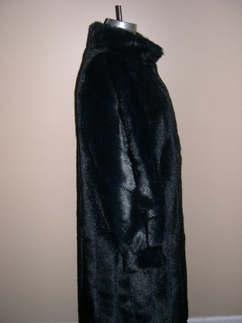 Faux Blue Iris Mink Long Coat Faux Blue Iris Mink Coat Shawl Collar Shown Color Shown is Blue Hook and Eye Closure Cuff Shown Is Straight Cuff Manufacturing: USA