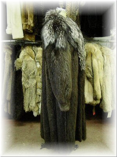 Full Skin Beaver Fur Coat With Indigo Fox Design Beaver Long Hair Coat Custom Order Genuine Fox Collar Color Shown Is Brown Hook and Eye Closure Fur Origin: USA Manufactured: USA