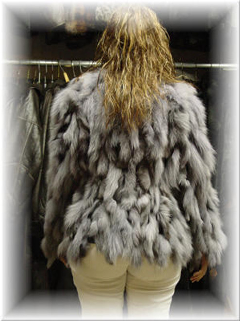 Dyed Gray Fox Fur Jacket  Dyed Gray Fox Fur Jacket Fashionable Design Fur Jacket Size 4 Cross Back 13" Sleeve Length 27" Length 23" NO Collar Closure One of a Kind Very Light Fur Sleeve Length 27"
