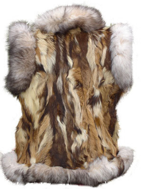 Sectional Goat Vest with Fox Trimming  Sectional Goat Vest with Fox Trimming Lenght 28" Hook & Eyes Closure Sectional Goat Warm Vest and Abundant Gray Fox trimming Sold in Listed Sizes ONLY Color shown is Multicolored Natural Goat