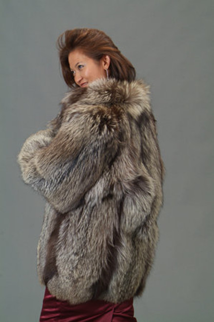 Indigo Fox Fur Jacket  Silver Fox Fur Jacket Full Pelt Straight Sleeves Hook & Eye Closure Fur Origin: Norway Manufacturing: USA Fur Origin: Norway Custom Made All Sizes