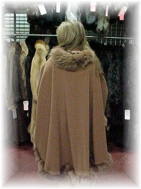 Cape with Brown Fox Fur Trim Brown Cape Genuine Fox Trim One Size Fits Most Cashmere / Wool Blend Fur Origin: Norway Manufactured: USA