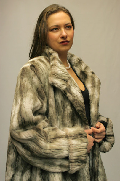 Faux Fur Mink 3/4 Jacket Faux Fur Mink 3/4 Jacket With Cuffs Size: 2X Stand Up Collar Color Shown is Mink Hook and Eyes Closure Manufacturing: USA