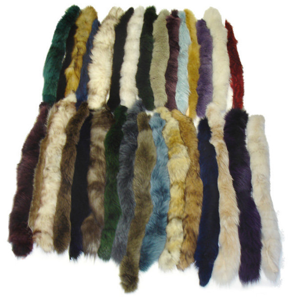 All Kinds of Strips in every color You'll find Tanuki, Fox, Coyote Strips Assorted Strip Colors of your choice These are Natural and dyed colors Approximately 25" Long Sold Separately Fox Trimmings Can Be Used For Collar, Cuffs, Or Hood Trimmings