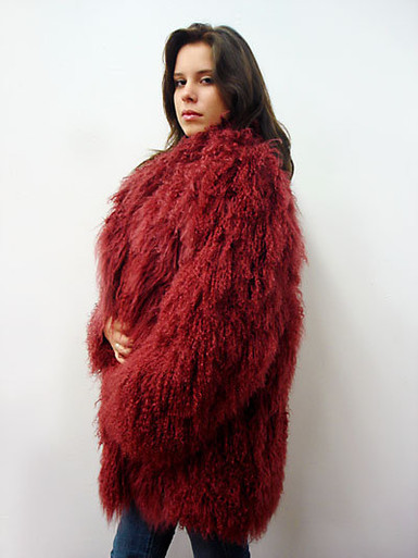 Burgundy Curly Fur Jacket - furoutlet
