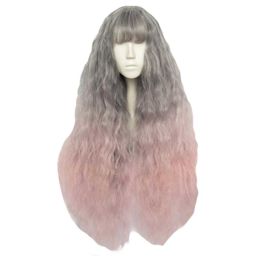 Ash Grey Fading Light Pink 65 cm 2 Tone Cosplay Full Wig Long Curly Hair Wig Halloween Dress Up