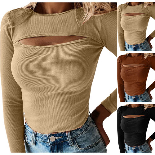 Autumn Sexy Women Blouses Chest Cutout Long-sleeved Ribbed Solid Color Tops Women Casual Tops Sexy Hollow Out Blouses