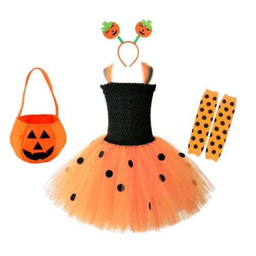 Halloween Pumpkin Tutu Dress With 3-Pieces Jewelry