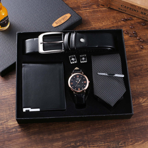  5Pcs/Set Luxury Watch for Men Fashion Gift Box Mens Watches Set Male Belt Wallet Cufflinks Tie Wristwatch Set 