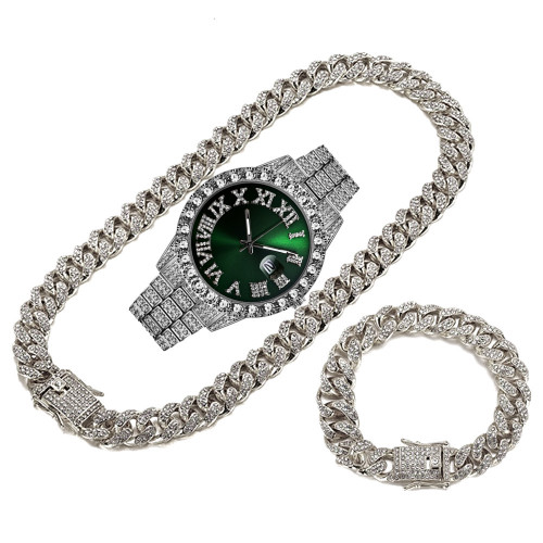 Hip Hop  Cuban Link Chain Set Necklace +Watch+Bracelet  Miami Chain  Sets Iced Out Jewelry Sets For Women Men  Jewelry 