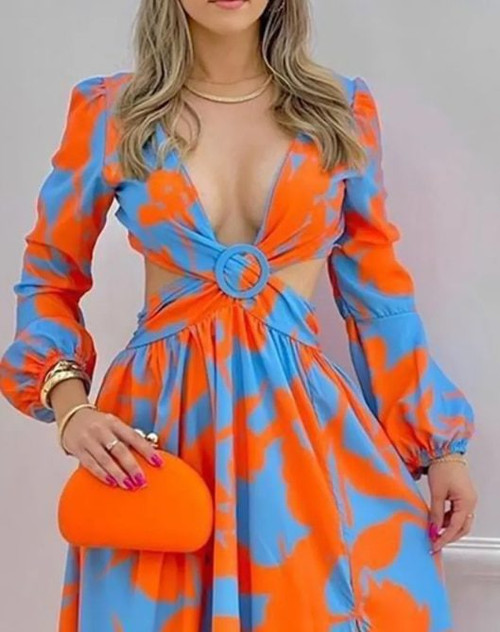 Spring Women Long Sleeved Cutout V-Neck Twist Summer Elegant Floral Thigh Maxi Dress
