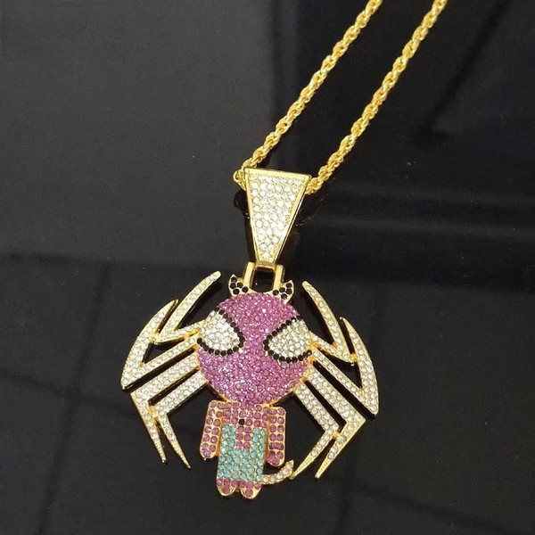 Hip Hop Anime Superhero Jewelry Iced Out Crystal Spider Pendant Necklace For Men Women With  Cuban Chain Choker Crystal Pendant Necklace