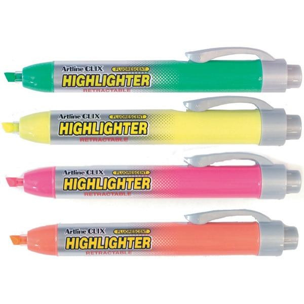 Artline 63 Clix Highlighter Retractable 4mm Chisel Nib Assorted Pack 6