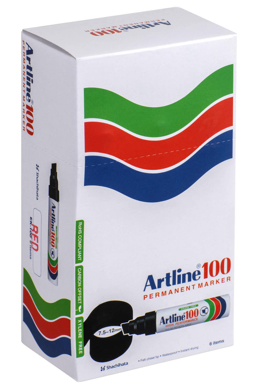 Artline 100 Permanent Marker 12mm Chisel Nib Red BOX6