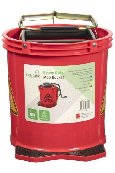 Cleanlink Heavy Duty Mop Bucket Metal Wringer 16 Litre Red 12003