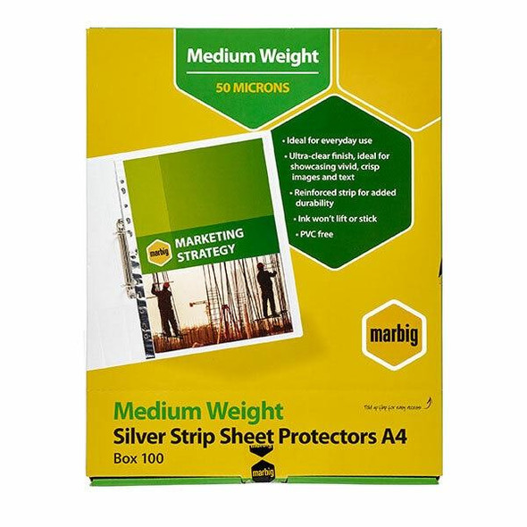 Marbig Sheet Protectors Medium Weight A4 Silver Strip 100Box 25101