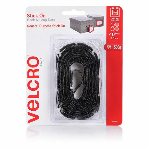 VELCRO Stick On Hook and Loop Dots 40 22mm Black X CARTON of 5 25568