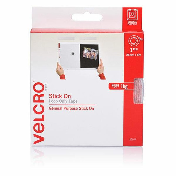 VELCRO Stick On Loop Only 25mmx5m White X CARTON of 5 25577