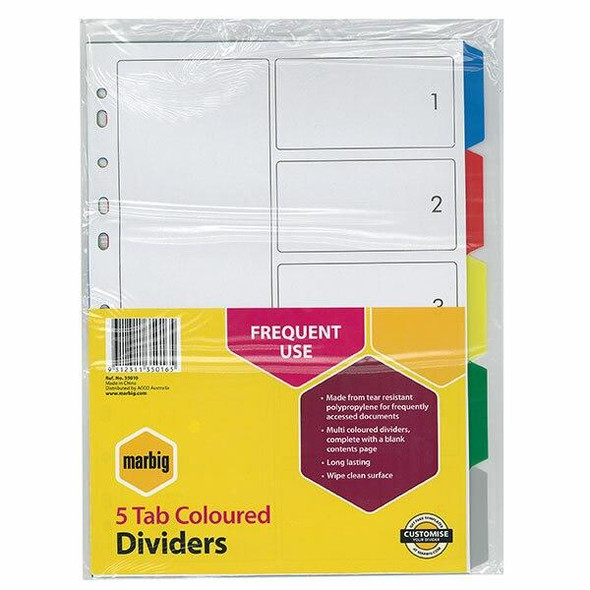 Marbig Indices and Dividers 5 Tab Pp A4 Multi Colour X CARTON of 50 35010
