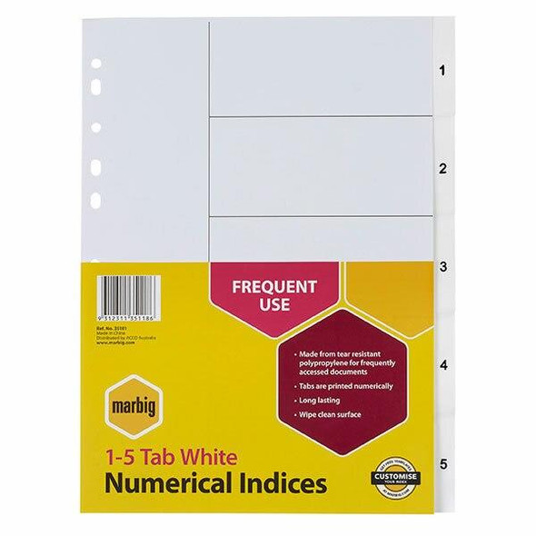 Marbig Indices and Dividers 1-5 Tab Pp A4 White X CARTON of 50 35101