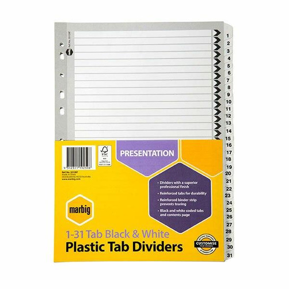 Marbig Indices and Dividers 1-31 Tab Reinforced A4 Black X CARTON of 10 35128F