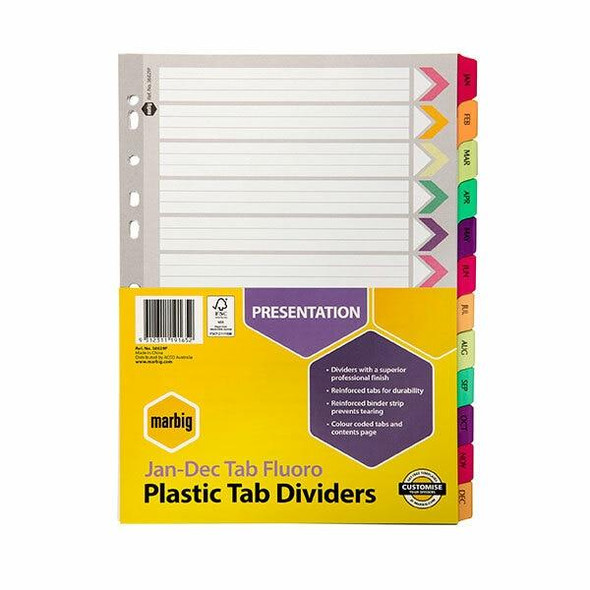 Marbig Indices and Dividers Jan-Dec Tab Reinforced A4 Fluoro X CARTON of 10 36029F