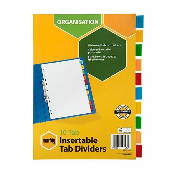 Marbig Indices and Dividers 10 Insert Tab Manilla A4 Colour X CARTON of 10 37645F