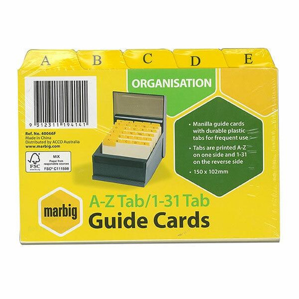 Marbig Guide Card A-Z/1-31 Tab Manilla 6x4 Buff X CARTON of 10 40066F