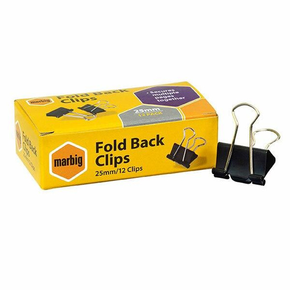 Marbig Fold Back Clips 25mm Box12 X CARTON of 12 87065