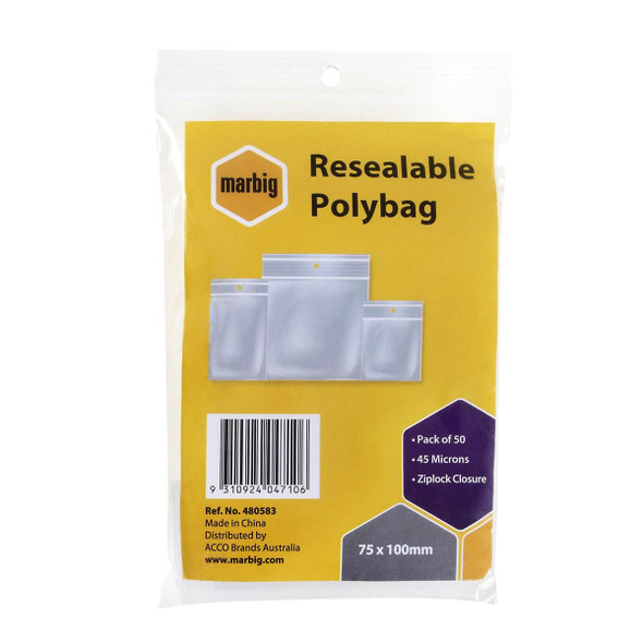 marbig Resealable Polybags 75mmx100mm Pack50 : 480583 