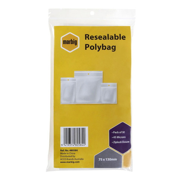 marbig Zip Lock Bags 75mmx130mm Pack50 : 480584 