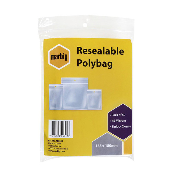 marbig Resealable Polybags 155mmx180mm Pack50 : 480588 