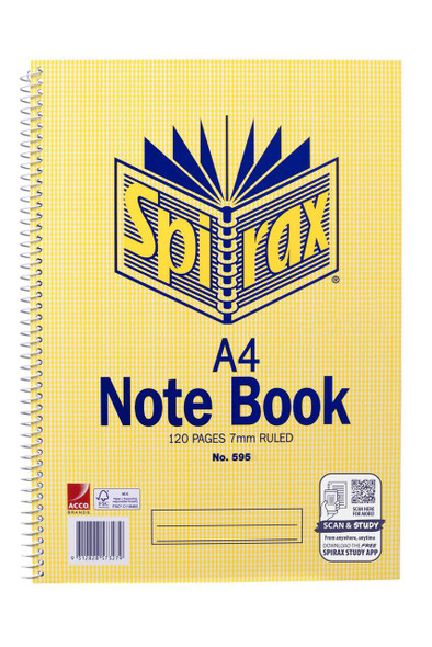 Spirax 595 Note Book 120 Pages Srt Pocketed A4 S/O X Carton of 10 : 56058SRT 