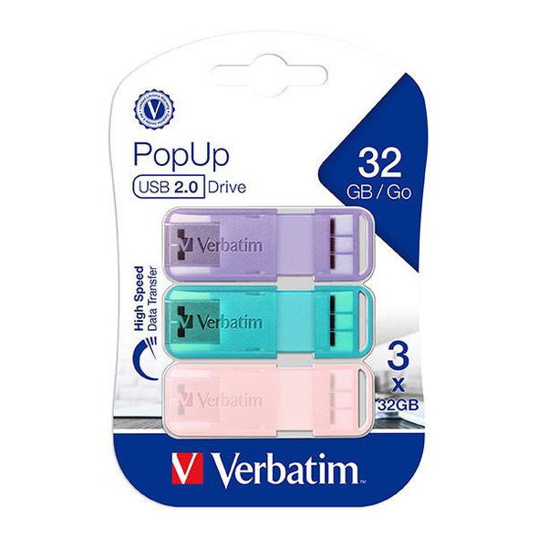 Verbatim Pop Up 2.0 Usb Triple Pack 32gb Assorted Pastel Colours : 66760 