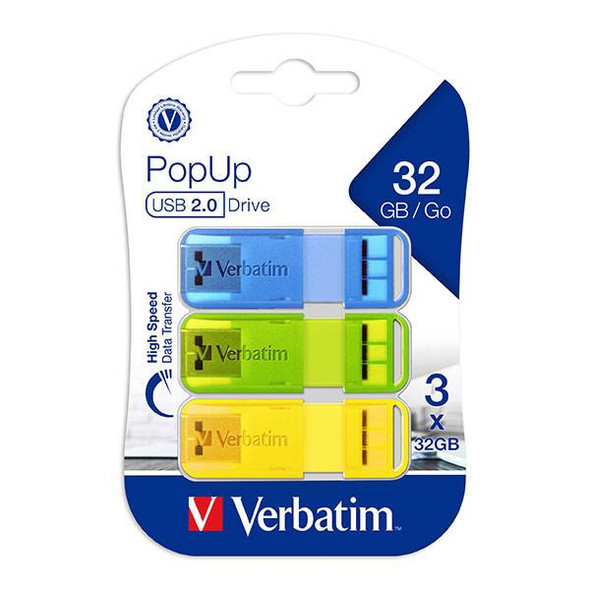 Verbatim Pop Up 2.0 Usb Triple Pack 32gb Assorted Bright Colours : 66761 