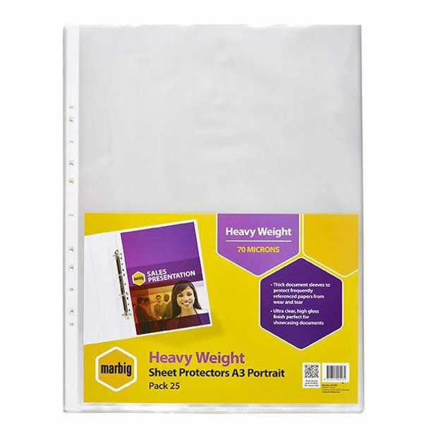 Marbig Sheet Protectors Heavyweight A3 Portrait 25Pack X CARTON of 4 25103S