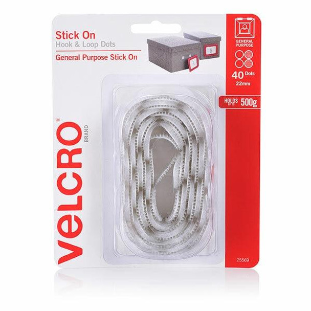 VELCRO Stick On Hook and Loop Dots 40 22mm White X CARTON of 5 25569