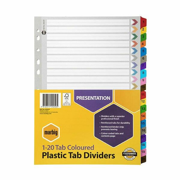 Marbig Indices and Dividers 1-20 Tab Reinforced A4 Colour X CARTON of 10 35023F