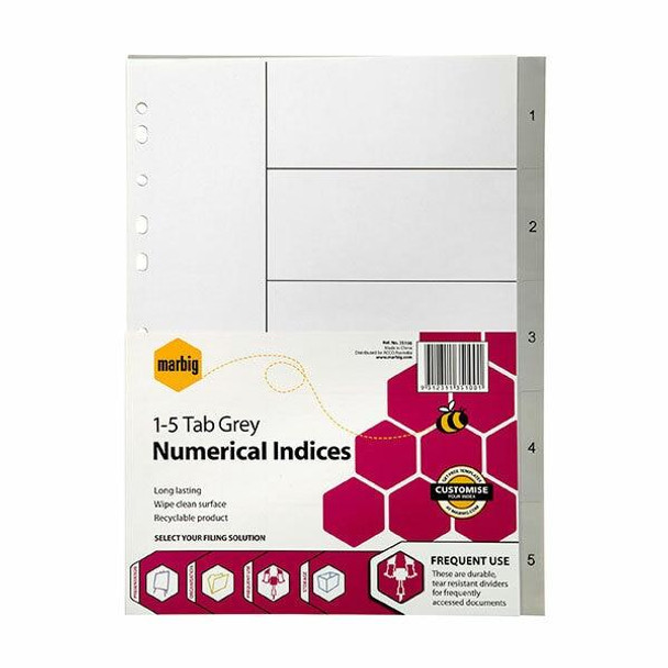 Marbig Indices and Dividers 1-5 Tab Pp A4 Grey X CARTON of 50 35100