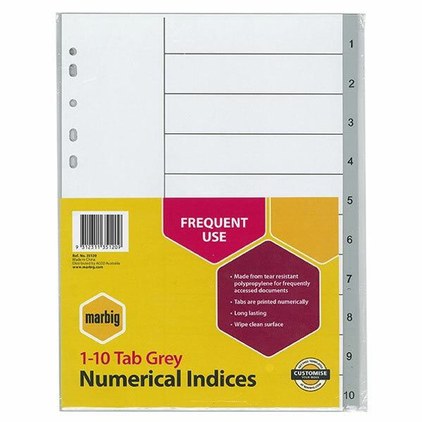 Marbig Indices and Dividers 1-10 Tab Pp A4 Grey X CARTON of 30 35120