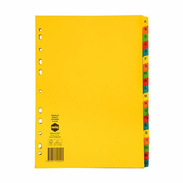 Marbig Indices and Dividers A-Z Tab Manilla A4 Brights X CARTON of 25 37150F