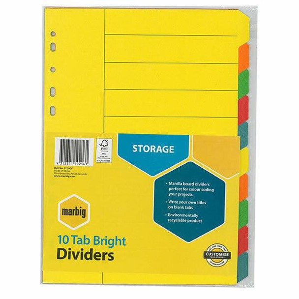 Marbig Indices and Dividers 10 Tab Manilla A4 Brights X CARTON of 50 37200F