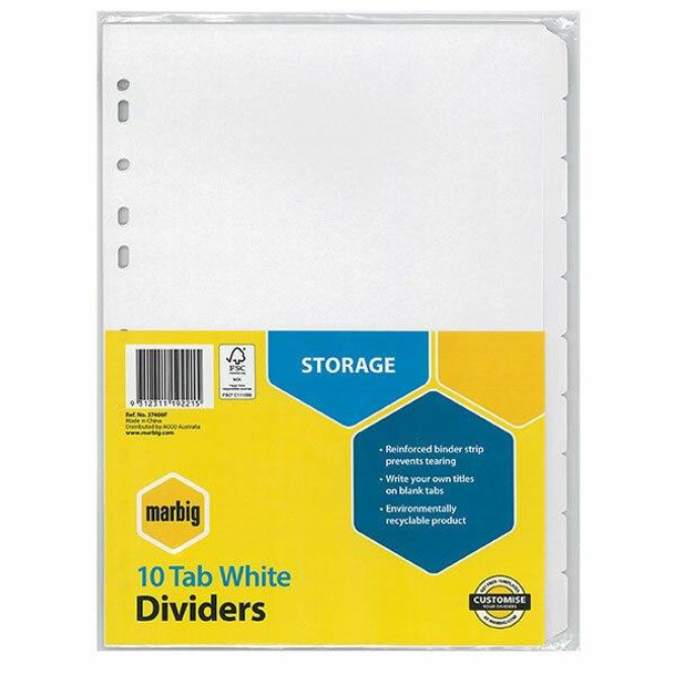 Marbig Indices and Dividers 10 Tab Manilla A4 White X CARTON of 25 37400F