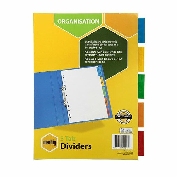 Marbig Indices and Dividers 5 Insert Tab Manilla A4 Colour X CARTON of 20 37640F