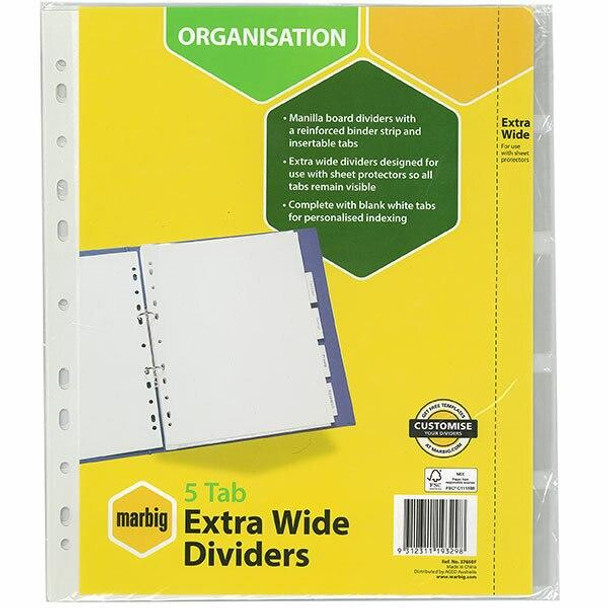 Marbig Indices and Dividers 5 Insert Tab Extra Wide A4 White X CARTON of 20 37650F