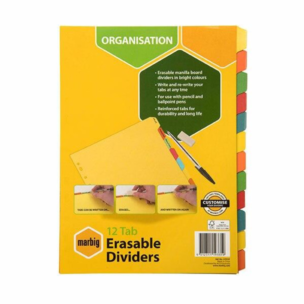 Marbig Indices and Dividers 12 Tab Manilla A4 Eraseable X CARTON of 10 37912F