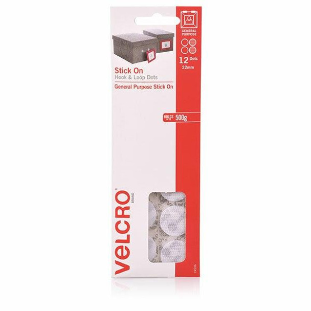 VELCRO Stick On Hook and Loop Dots 12 22mm White X CARTON of 10 43032