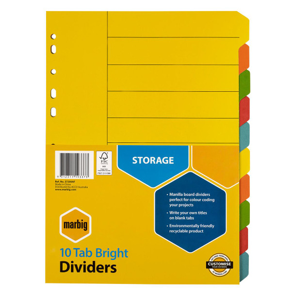Marbig Dividers A4 10 Tab Manilla Brights X CARTON of 25 : 37200A 