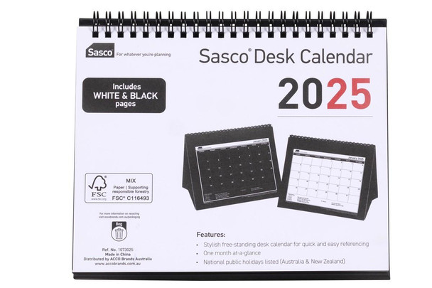 Sasco 2025 Trifold Desk Calendar 220 X 190mm Black/White Carton of 10 : 1073025 